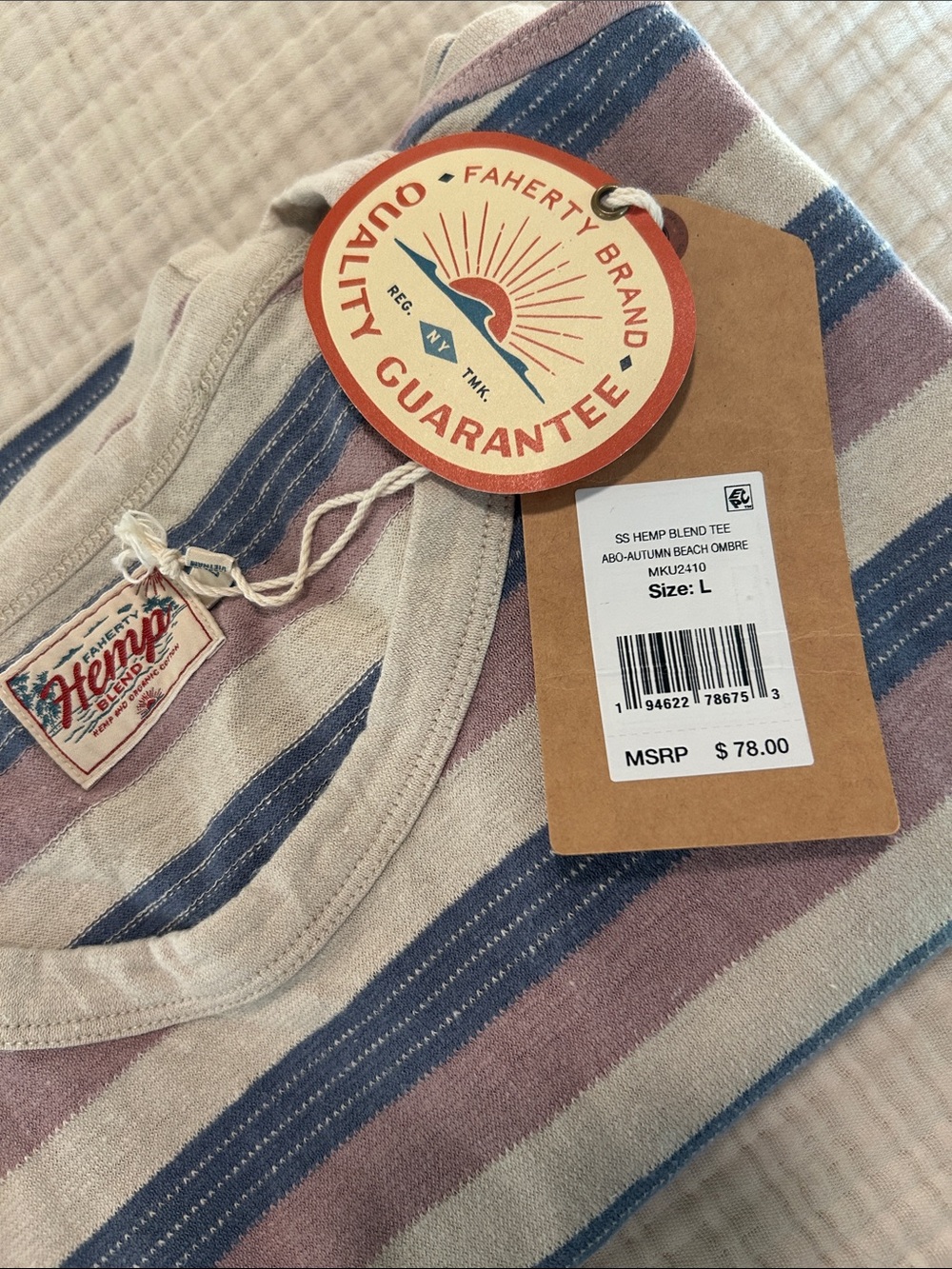 Faherty Striped Hemp-Blend Pocket Tee in Blue, Mauve & Cream